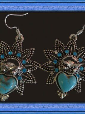 Tibetan Silver Owl Theme Dangle Earrings With Turquoise & Blue Crystals